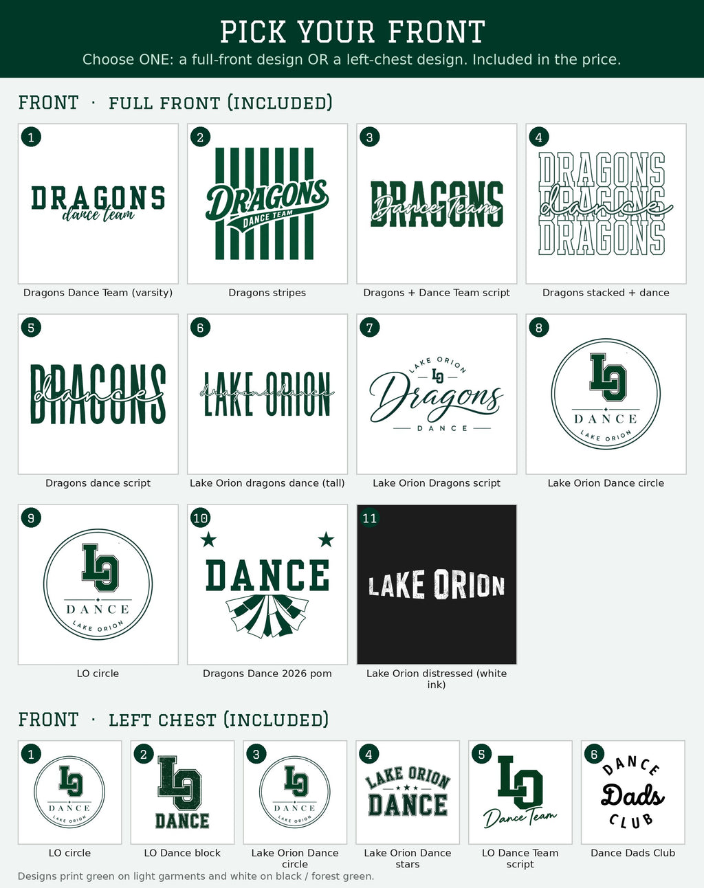 Pick your front: all full-front and left-chest designs
