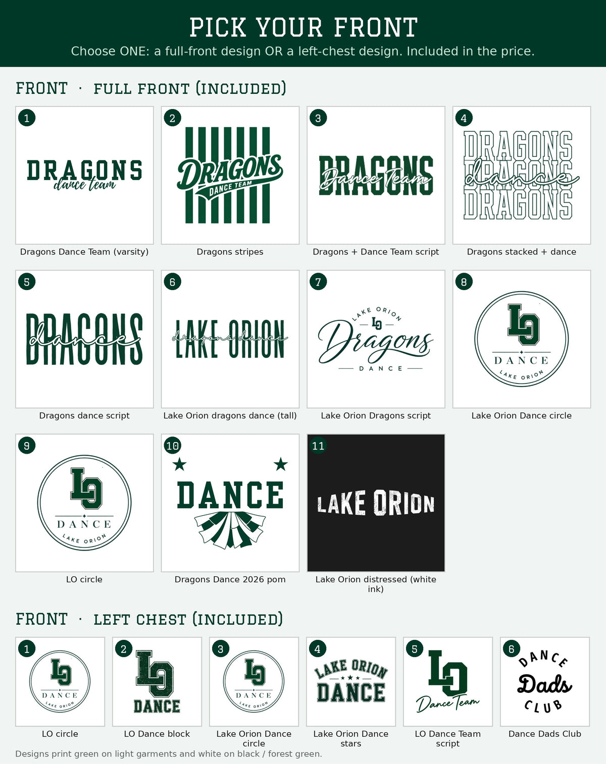 Pick your front: all full-front and left-chest designs