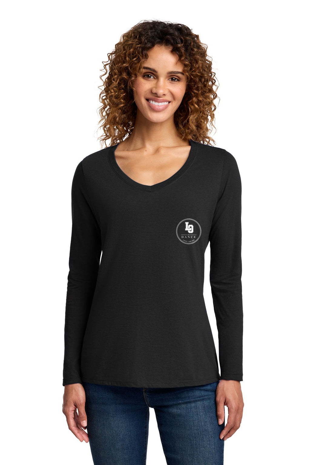 LO Dance Coach Ladies Long Sleeve V-Neck - LO Dance circle (left chest) - JetBlack