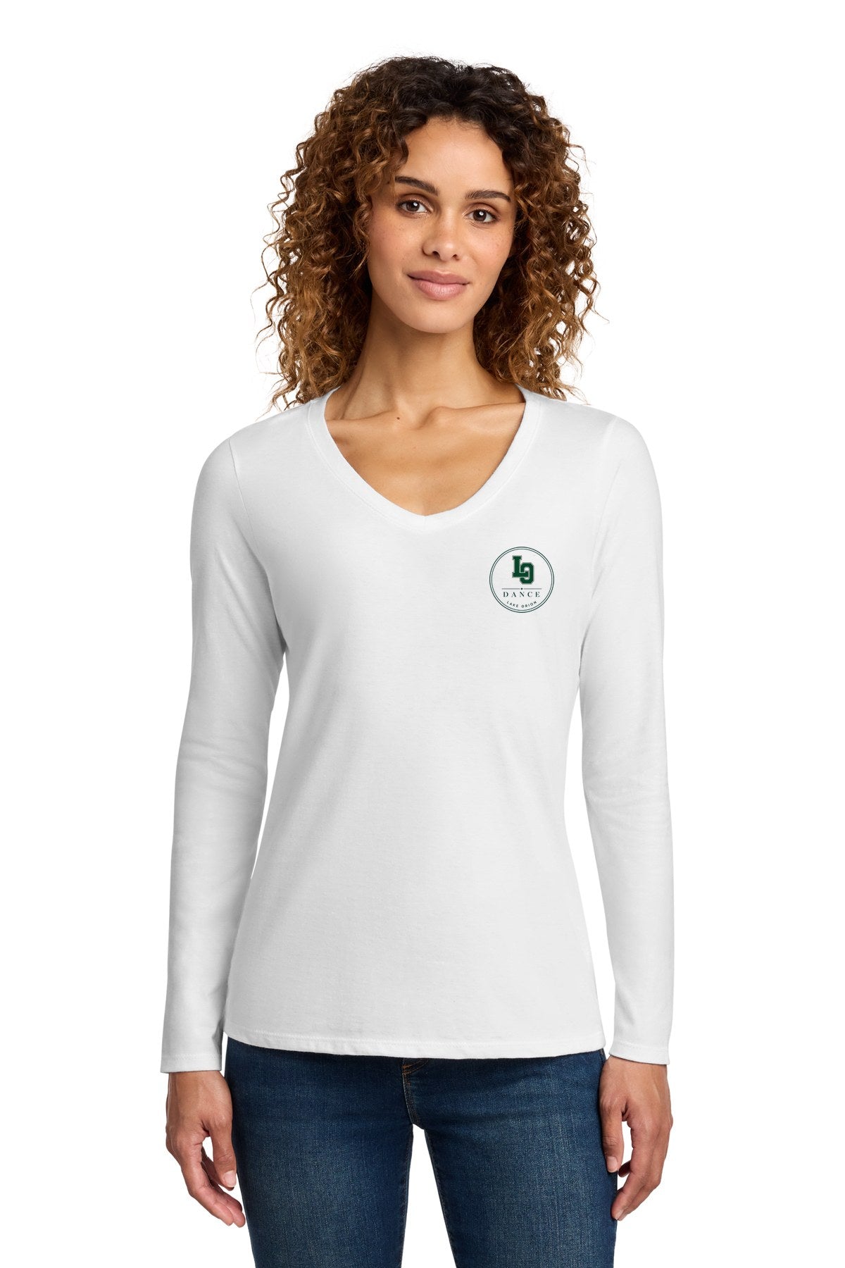 LO Dance Coach Ladies Long Sleeve V-Neck - LO Dance circle (left chest) - White