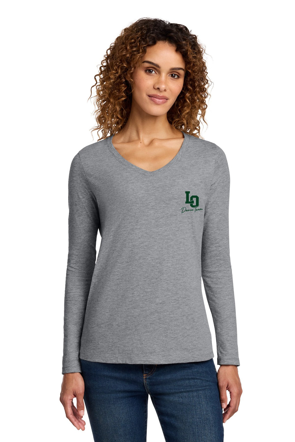 LO Dance Coach Ladies Long Sleeve V-Neck - LO Dance Team script (left chest) - AthlHthr