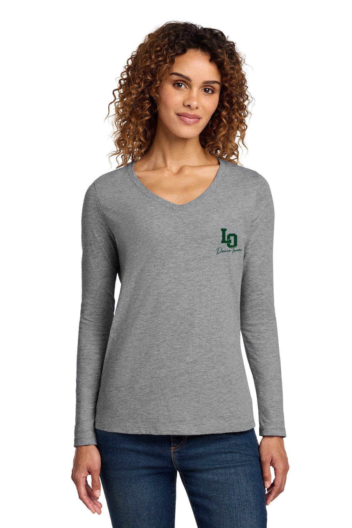 LO Dance Coach Ladies Long Sleeve V-Neck - LO Dance Team script (left chest) - AthlHthr