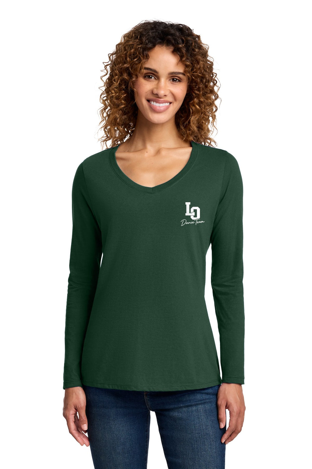 LO Dance Coach Ladies Long Sleeve V-Neck - LO Dance Team script (left chest) - ForestGrn