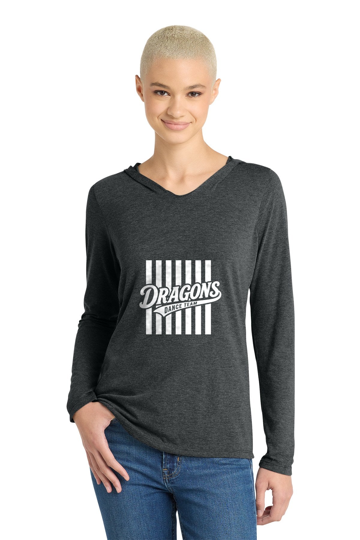 LO Dance Dance Mom Women's Perfect-Tri Hooded Long Sleeve - Dragons Dance Team stripes (full front) - BlackFrost