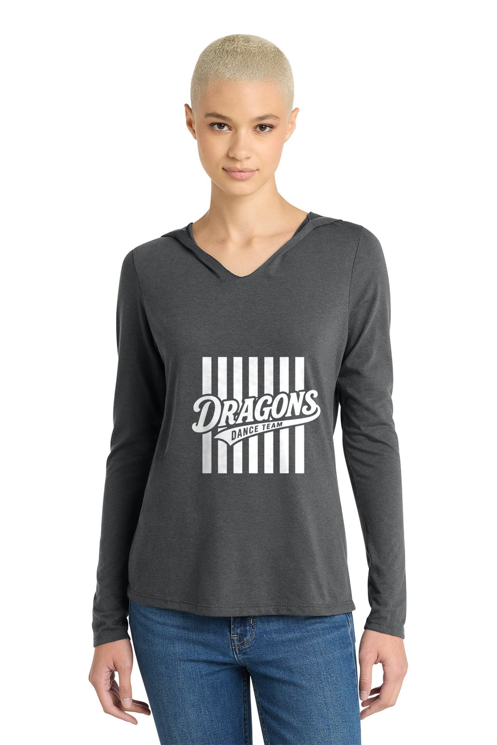 LO Dance Dance Mom Women's Perfect-Tri Hooded Long Sleeve - Dragons Dance Team stripes (full front) - Charcoal