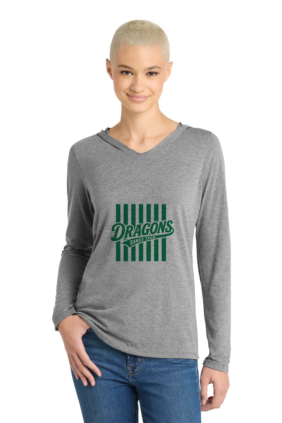 LO Dance Dance Mom Women's Perfect-Tri Hooded Long Sleeve - Dragons Dance Team stripes (full front) - GreyFrost