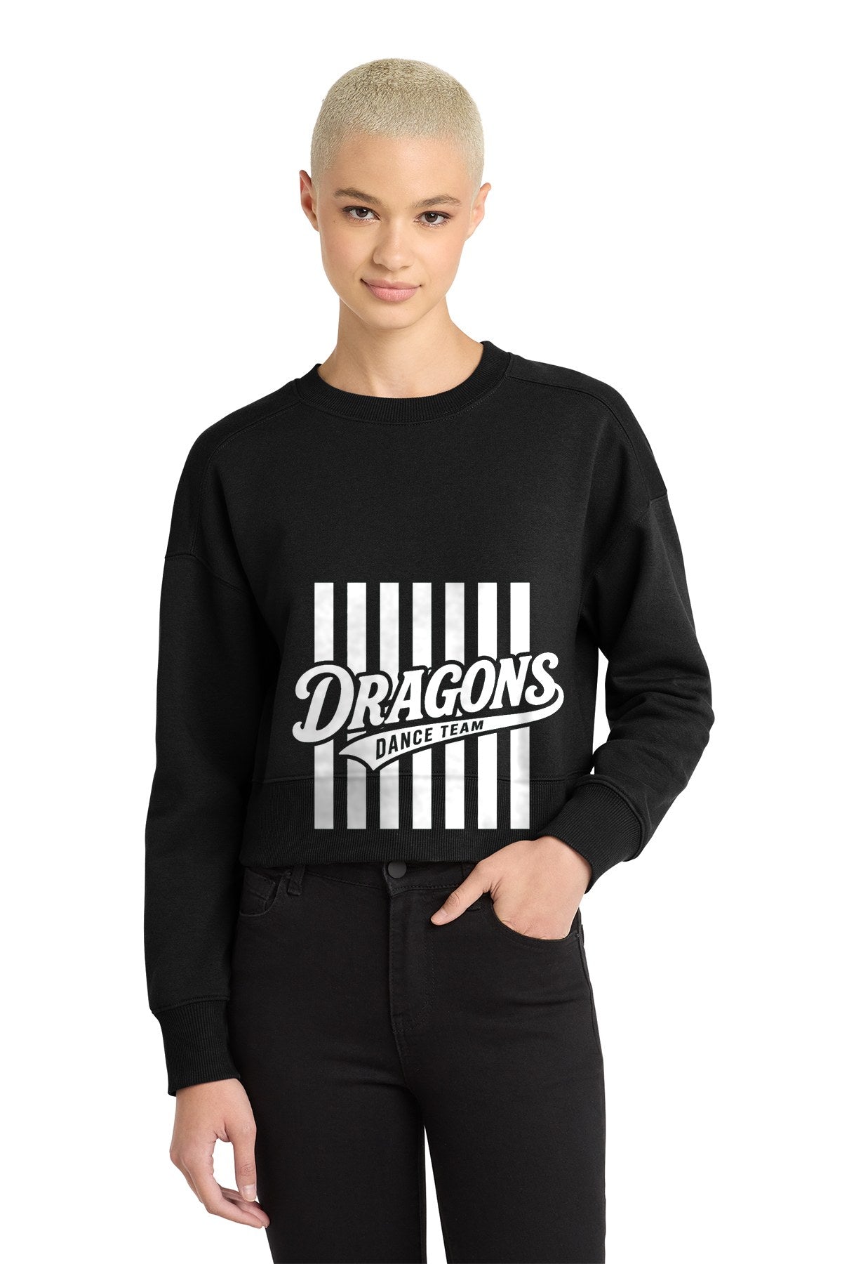 LO Dance Dance Mom Women's Cropped Fleece Crew - Dragons Dance Team stripes (full front) - JetBlack