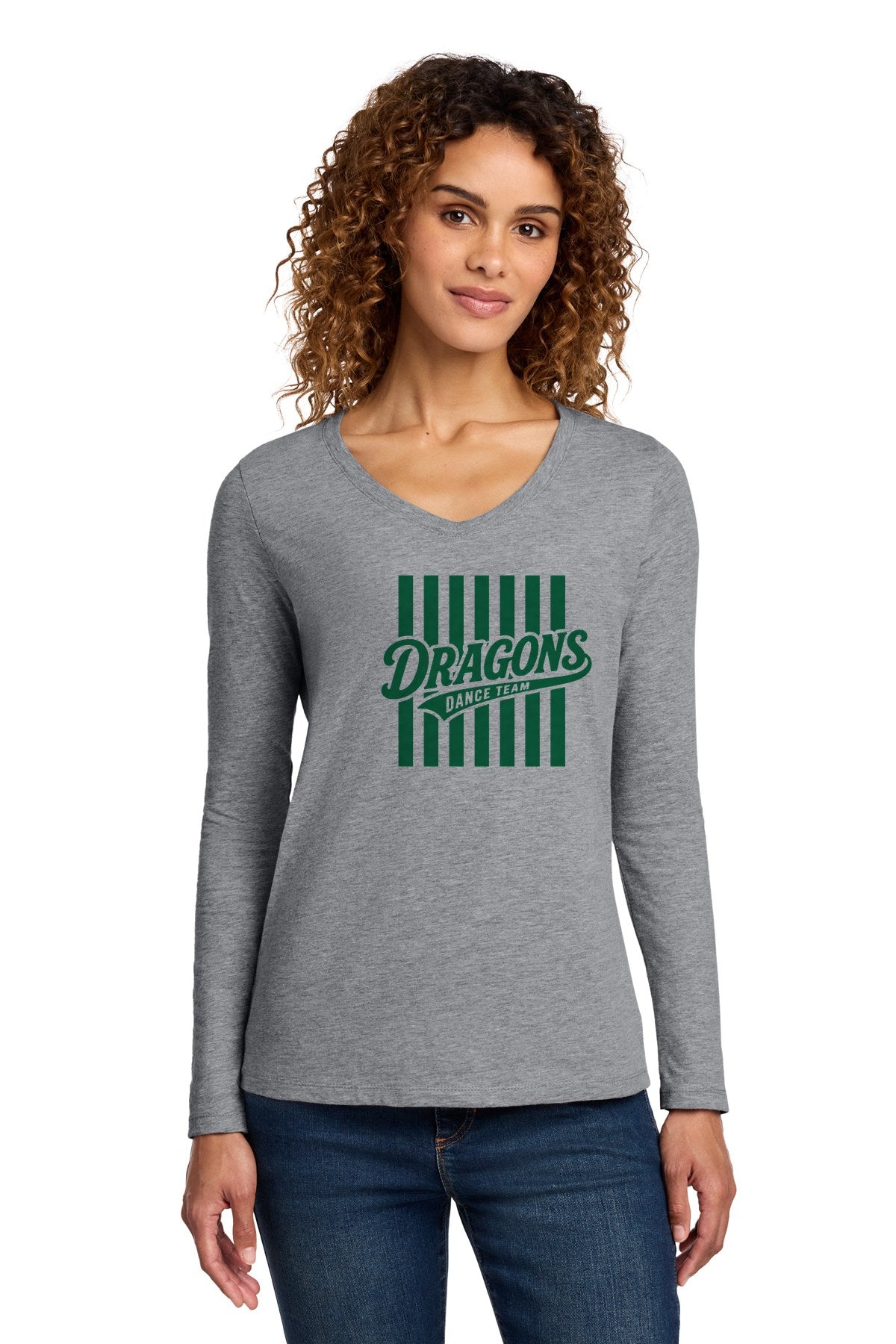 LO Dance Dance Mom Ladies Long Sleeve V-Neck - Dragons Dance Team stripes (full front) - AthlHthr