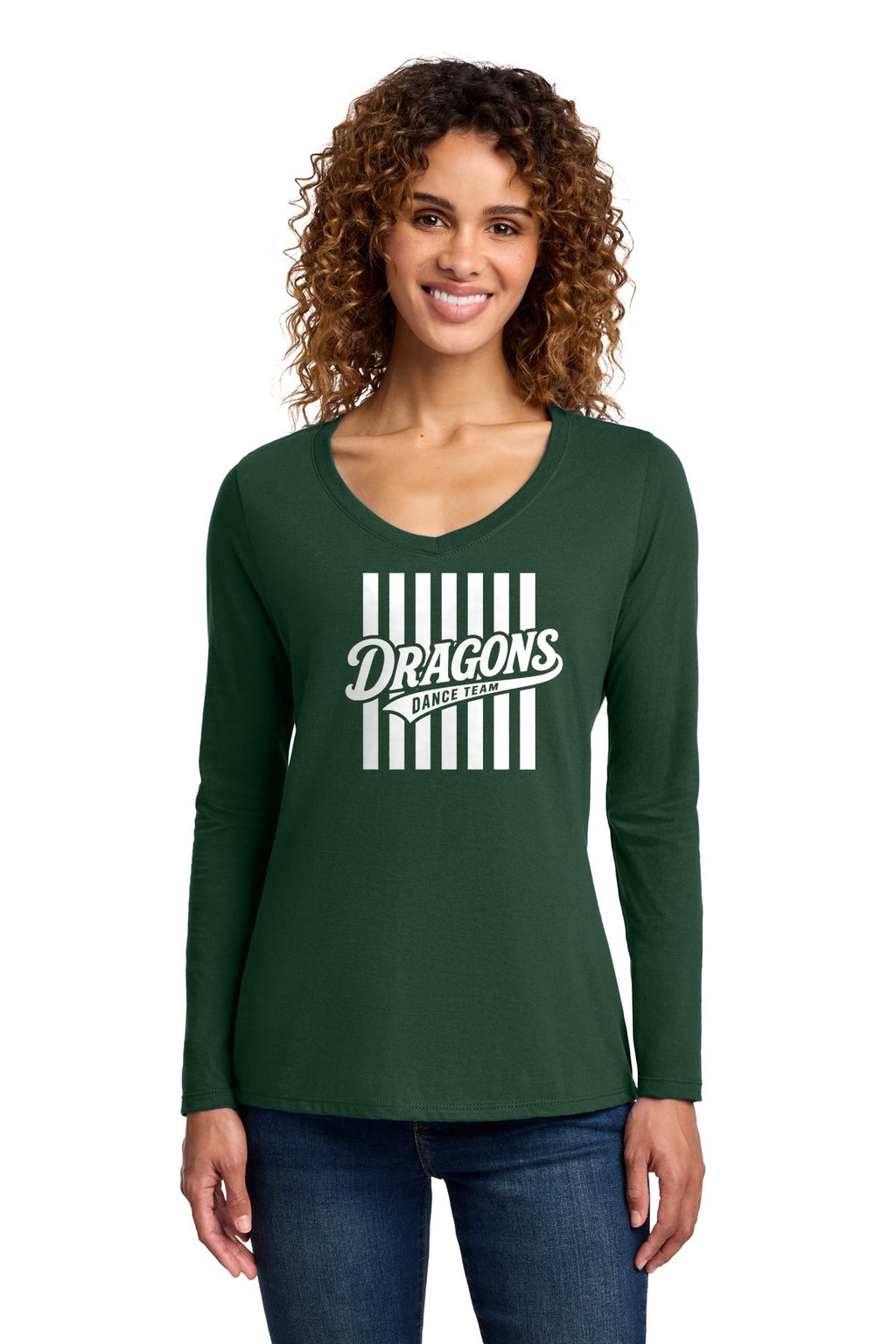 LO Dance Dance Mom Ladies Long Sleeve V-Neck - Dragons Dance Team stripes (full front) - ForestGrn