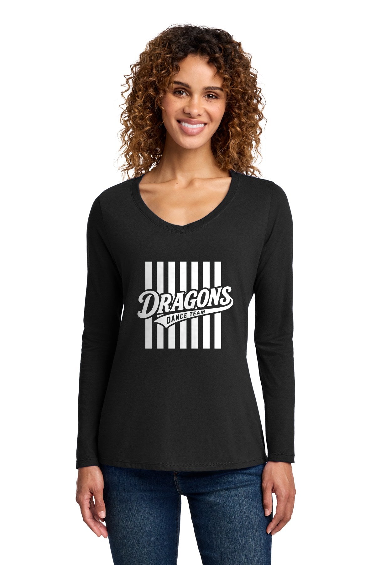 LO Dance Dance Mom Ladies Long Sleeve V-Neck - Dragons Dance Team stripes (full front) - JetBlack