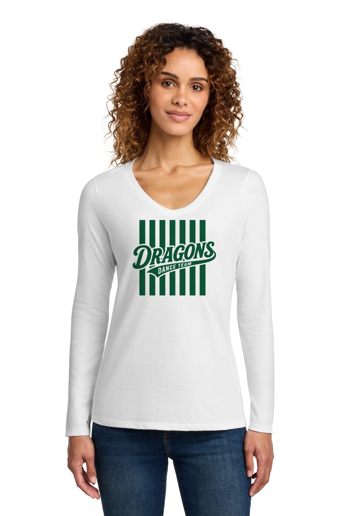 LO Dance Dance Mom Ladies Long Sleeve V-Neck - Dragons Dance Team stripes (full front) - White