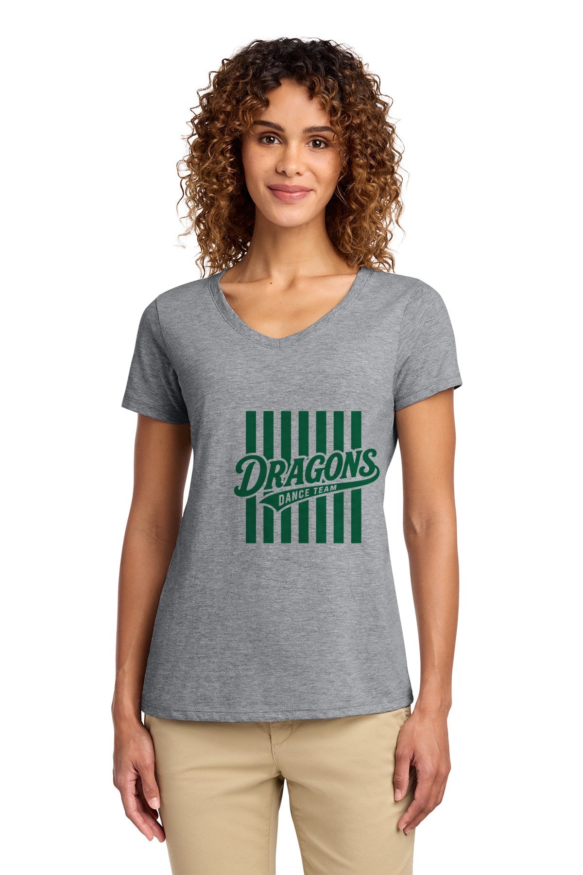 LO Dance Dance Mom Ladies V-Neck Tee - Dragons Dance Team stripes (full front) - AthlHthr