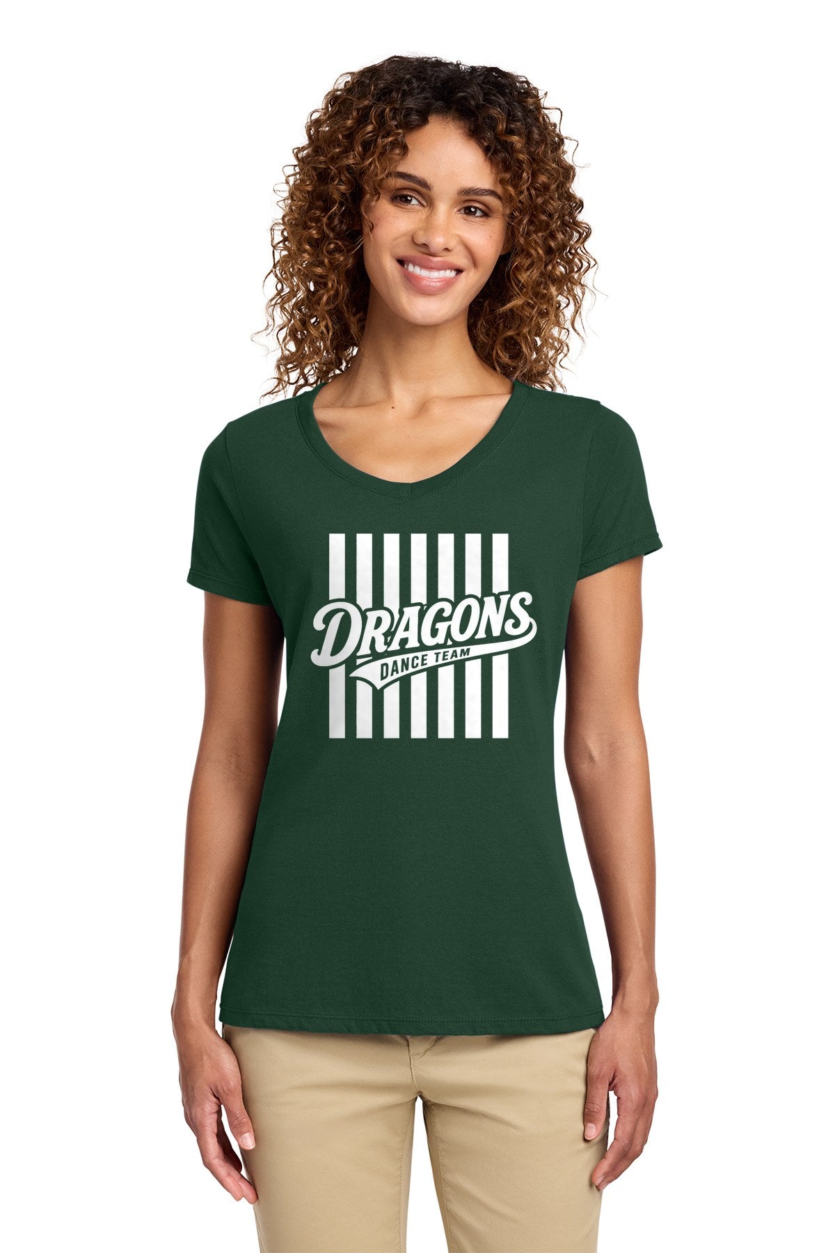 LO Dance Dance Mom Ladies V-Neck Tee - Dragons Dance Team stripes (full front) - ForestGrn