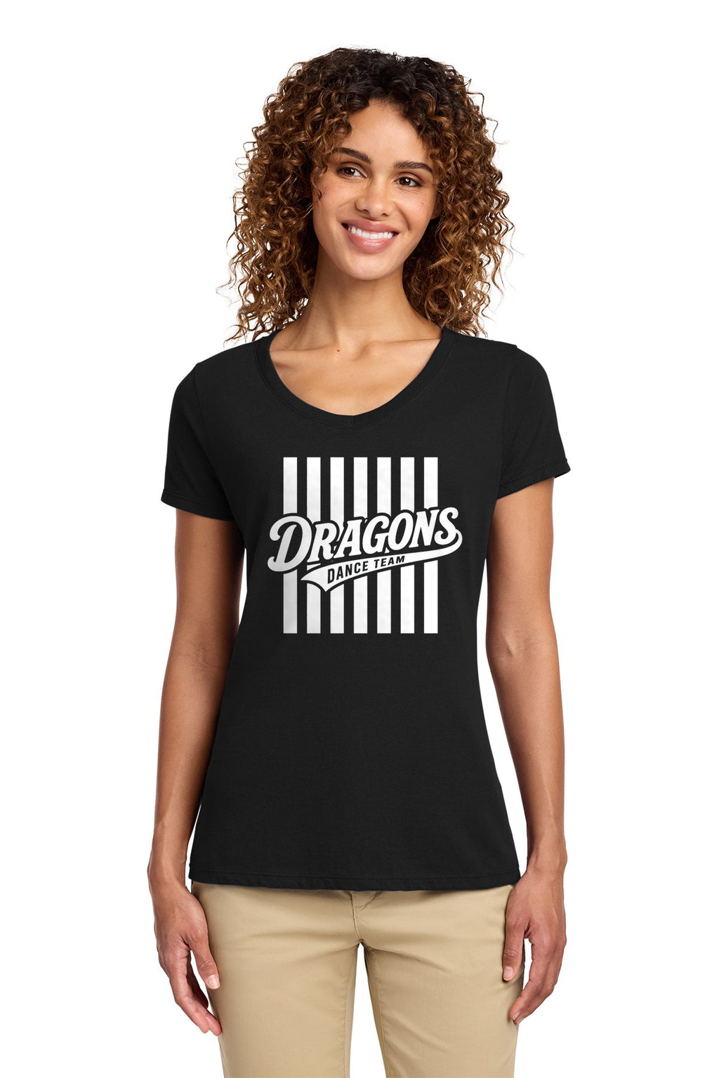 LO Dance Dance Mom Ladies V-Neck Tee - Dragons Dance Team stripes (full front) - JetBlack