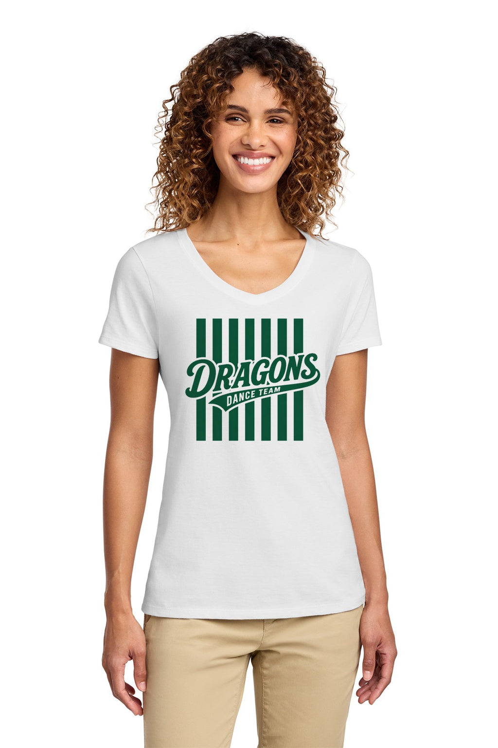 LO Dance Dance Mom Ladies V-Neck Tee - Dragons Dance Team stripes (full front) - White