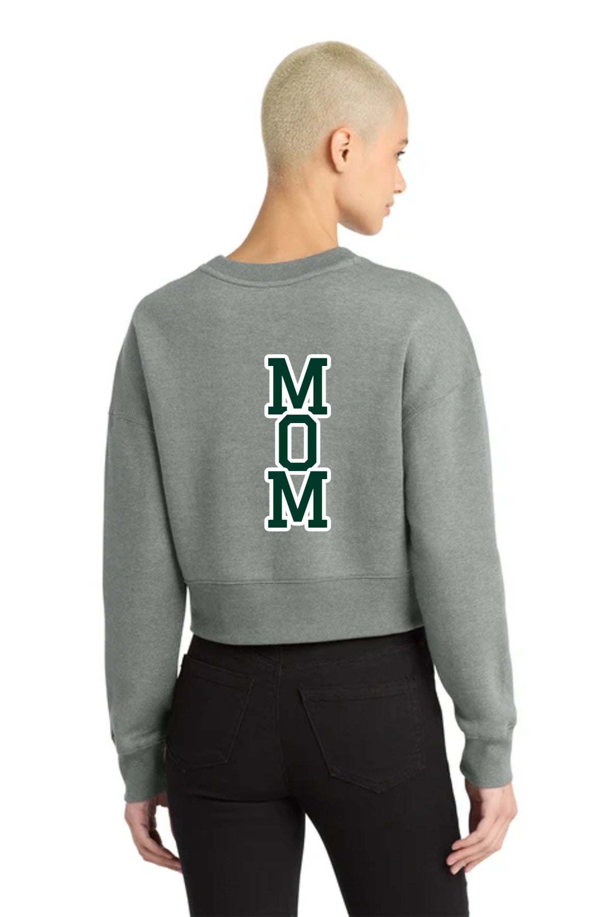 LO Dance Mom Cropped Fleece Crew Heathered Steel back, MOM upright