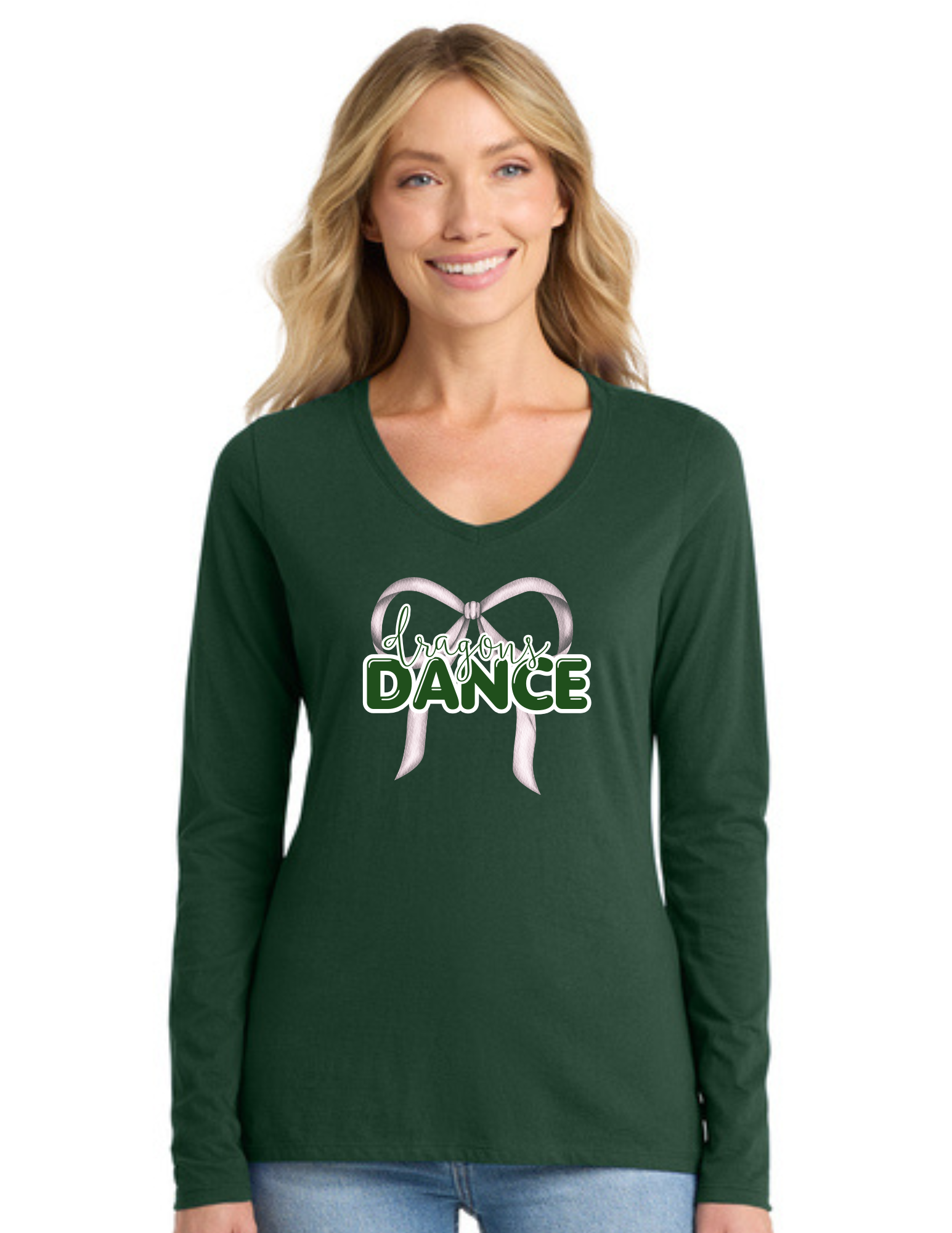 Glitter Ribbon Dance Team Ladies Long Sleeve Fan Favorite V-Neck T