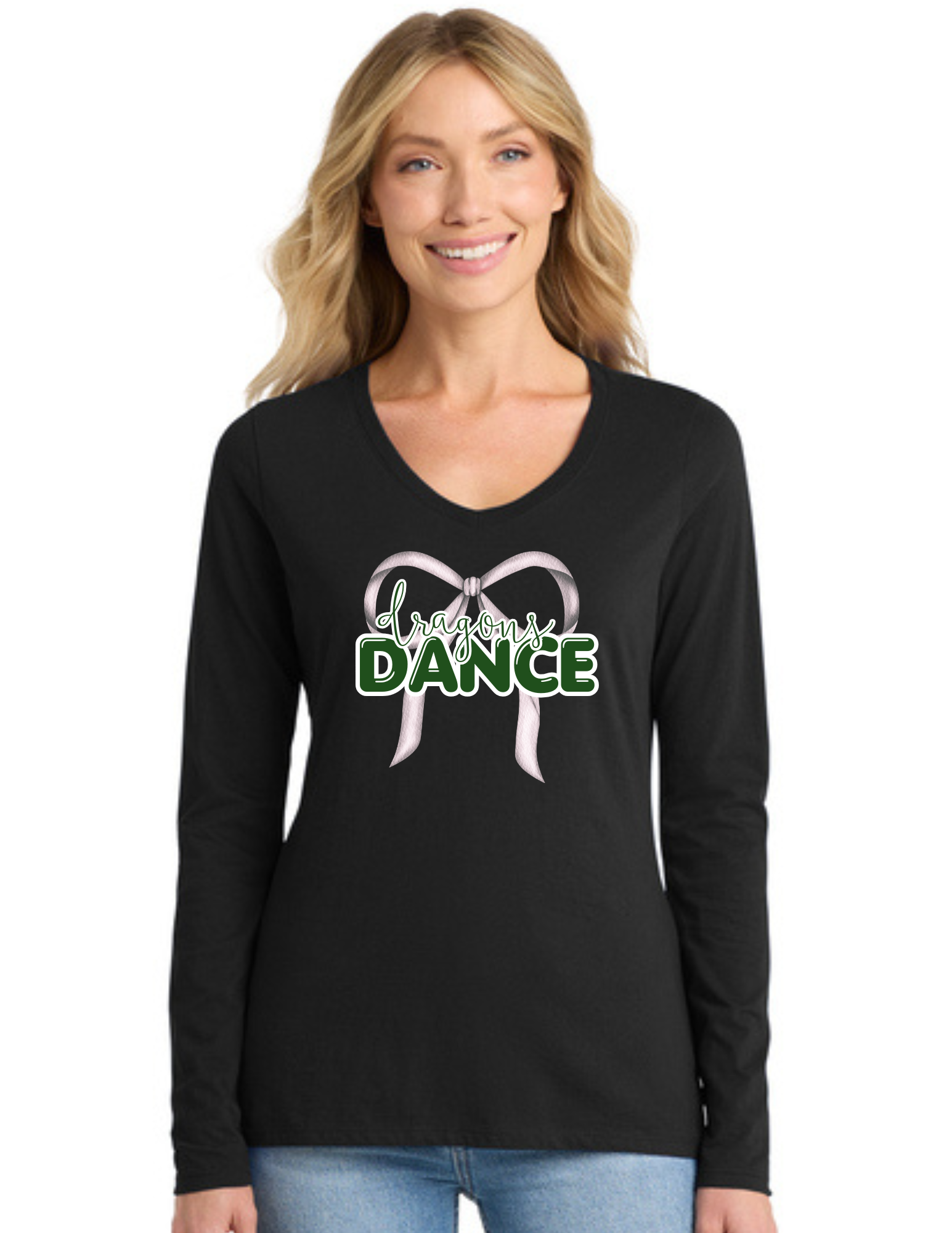 Glitter Ribbon Dance Team Ladies Long Sleeve Fan Favorite V-Neck T
