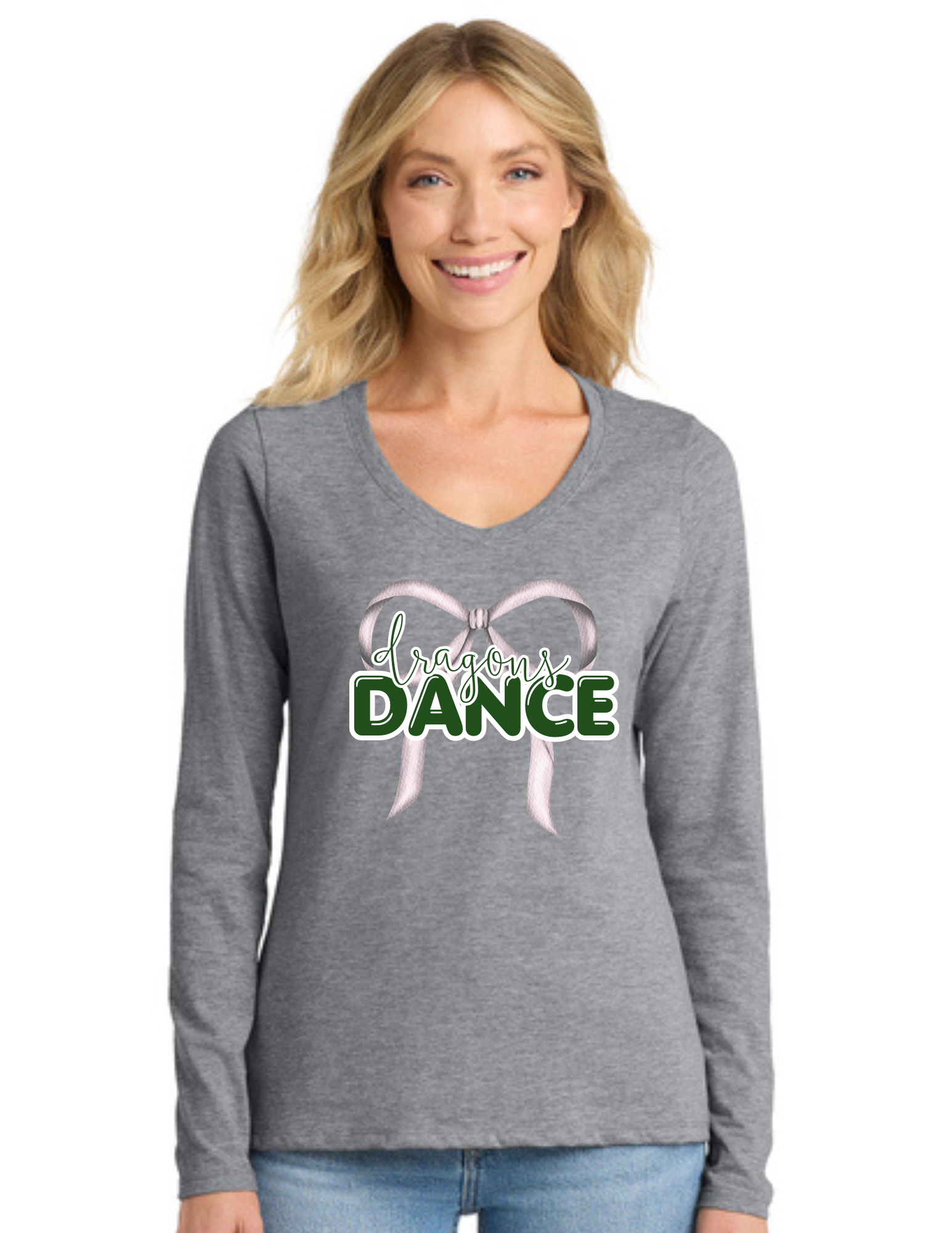 Glitter Ribbon Dance Team Ladies Long Sleeve Fan Favorite V-Neck T
